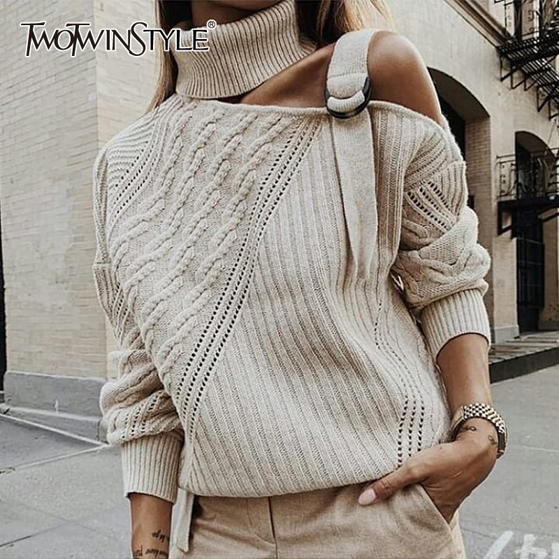 TWOTWINSTYLE Elegany Asymmetrical Women Sweater Turtleneck Long Sleeve Hollow Out Irregular Striped Knitting Sweaters For Female 210218