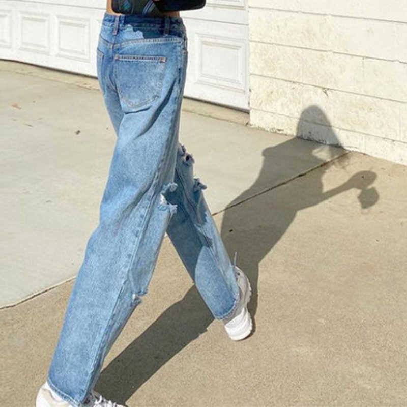2XL Wide Leg Jeans Women Holes Ripped Hollow Out High Waist Zipper Fly Denim Blue Black Vintage Pants 210922