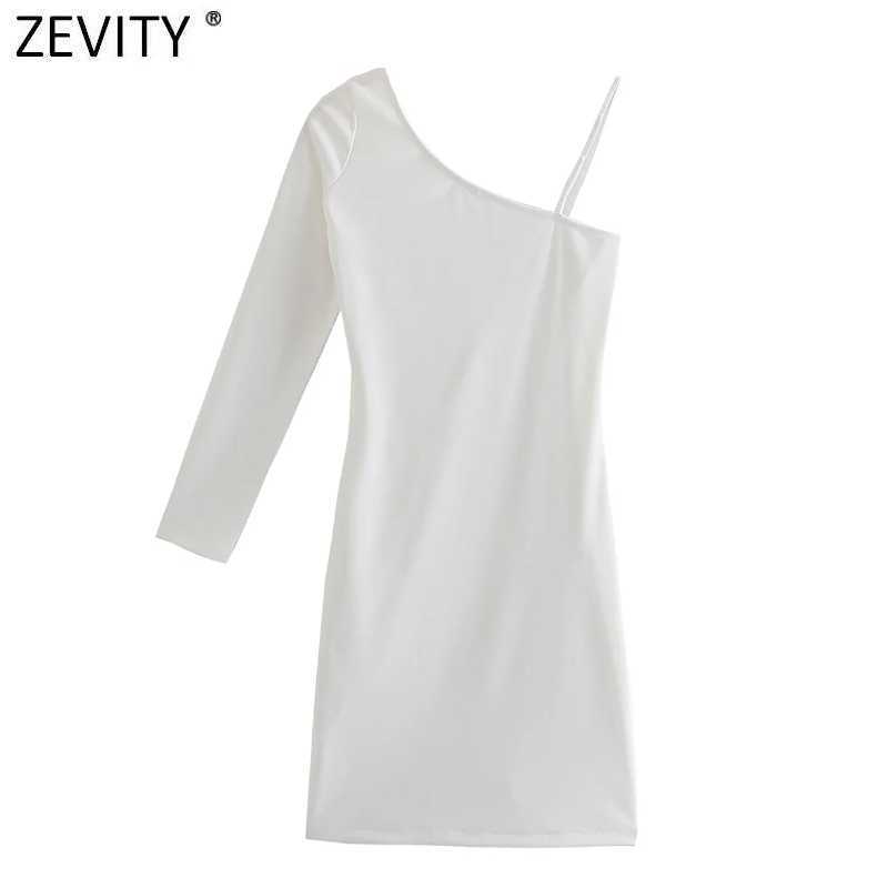 Zevity Women Sexy Single Shoulder Asymmetrical Shirt Dress Female Chic Side Zipper White Casual Slim Mini Vestidos DS8276 210603