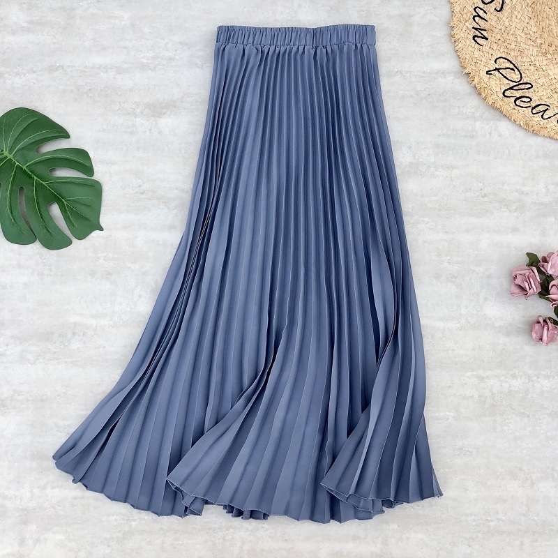 Spring Summer Women Midi Skirts Chiffon Pleated High Waist Long Skirts Stretched Daily Casual Style Women's Skirt Jupe Femme 210309