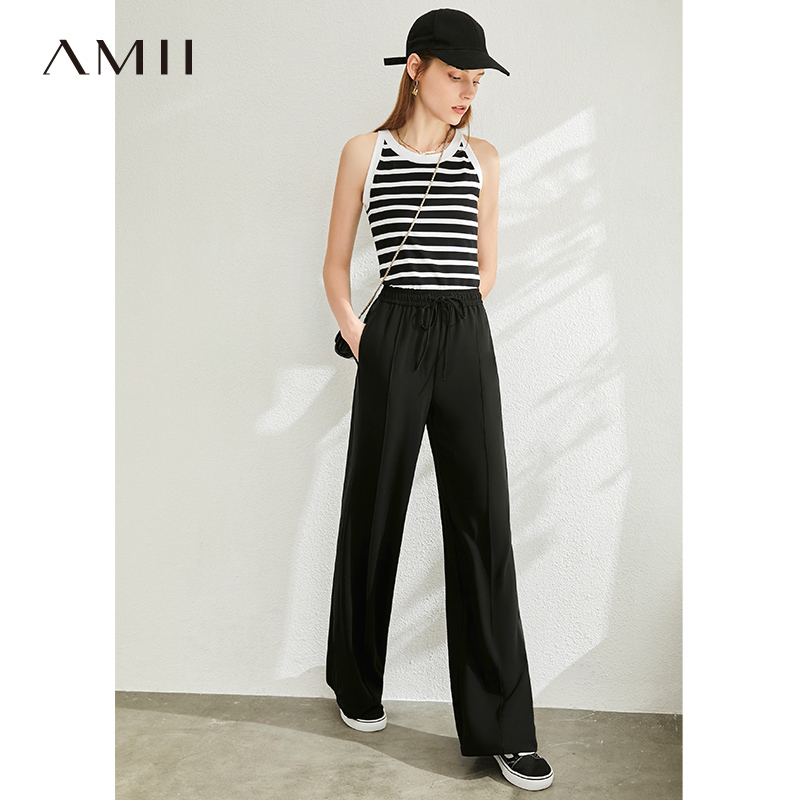 AMII Minimalist Women High Waist Pants Office Lady Elegant Elastic Waist Solid Loose Female Long Pants 12040227 201012