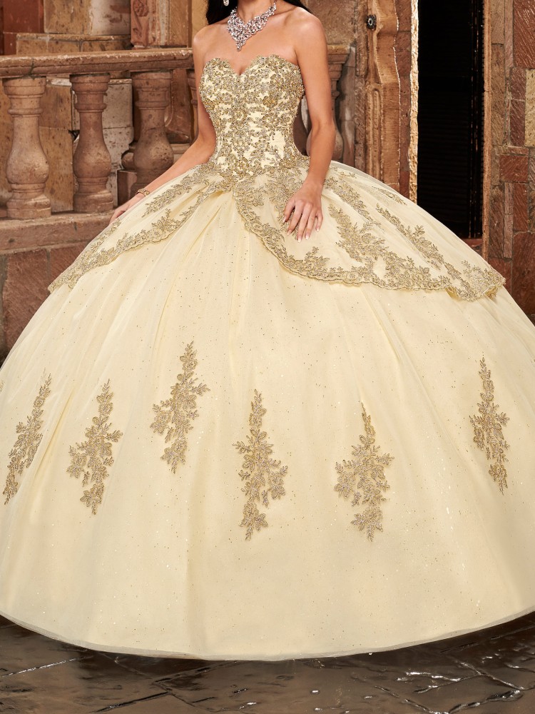 Carmina Quinceanera Dresses In Champagne Gold, Red Color Prom Gowns Floral Applique with Beaded Sequins Classic Tonal Embroidered Tulle