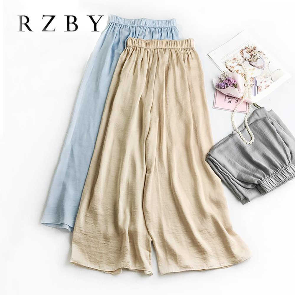 Wide leg pants Silk Women Summer Trousers Leg Loose Pants Ankle Length Casual trouser Elastic Waist RZBY110 211006