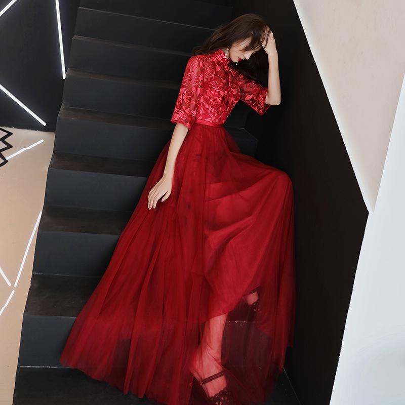 Ethnic Clothing Burgundy Lace Oriental Style Dresses Chinese Bride Vintage Traditional Wedding Cheongsam Dress Long Qipao Plus Size 3XL