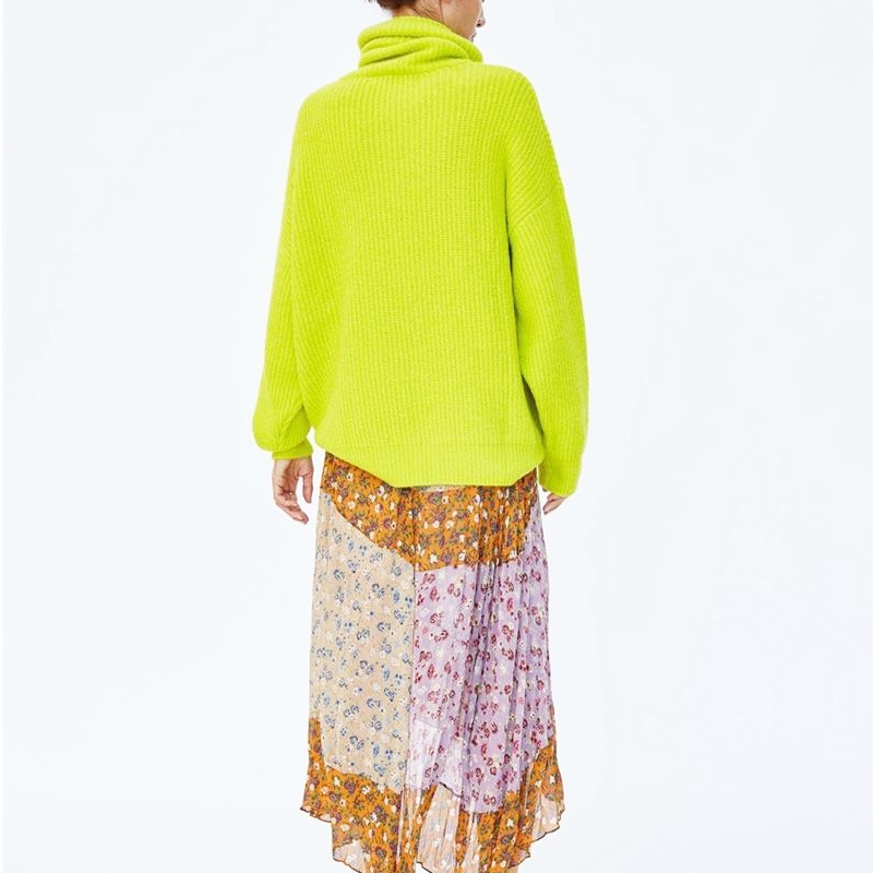 PERHAPS U women neon sweater knitted green pink solid turtleneck pullovers long casual winter loose T200319