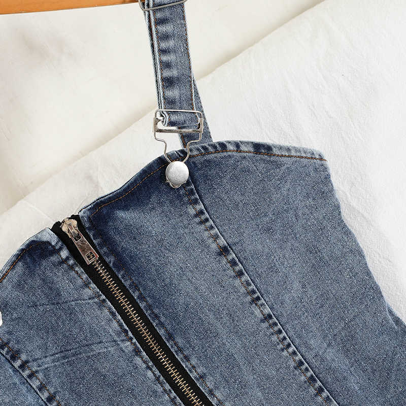 DEAT Women Denim Dress Fashion Spring Summer Ladies Vintage A-line Sling Denim Dress HR369 210709