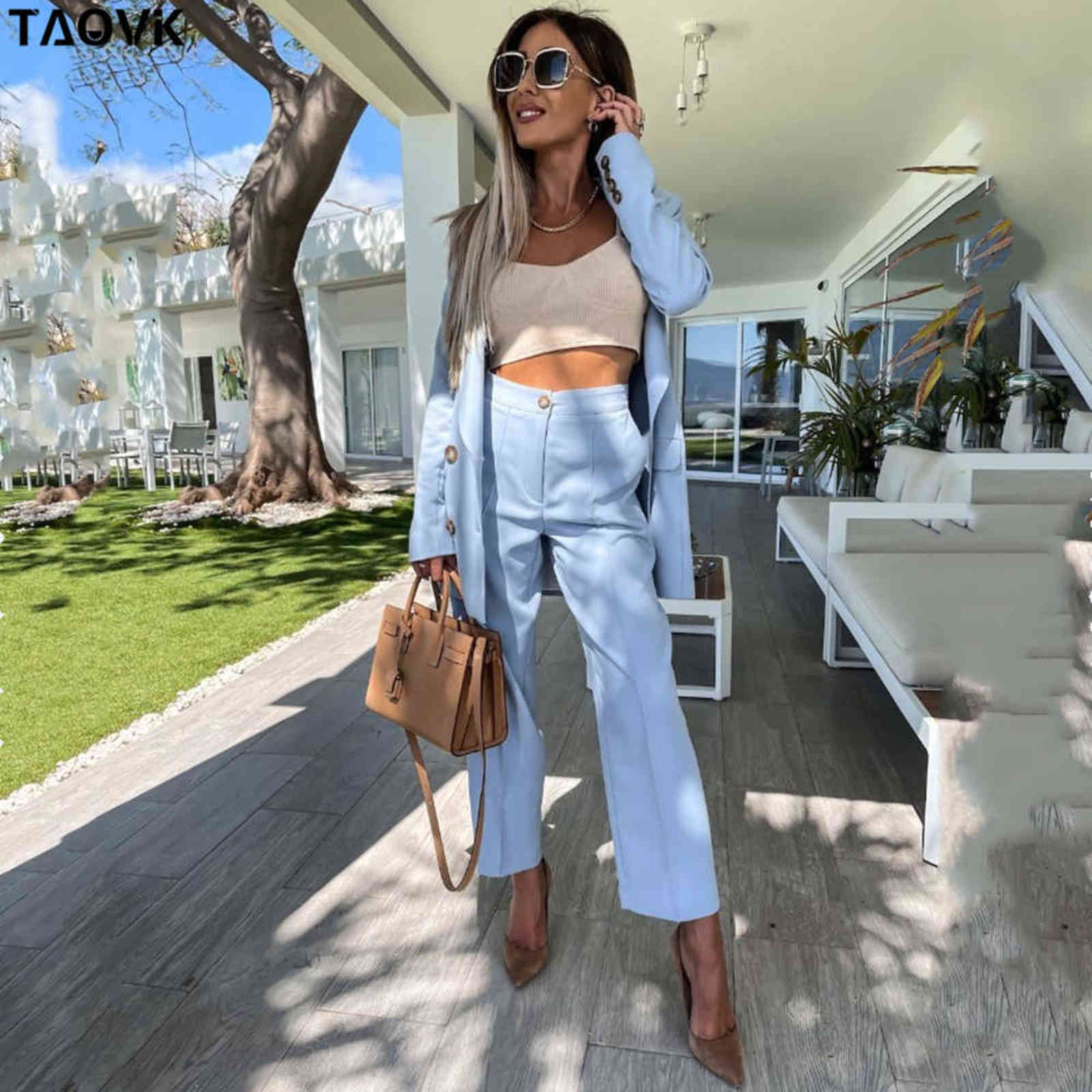 TAOVK Women office Pant Suit Double breasted Full Sleeve Blazers Jacket+Wide leg Pant Two Pieces Set Lady Outfits Work Clothes 211118