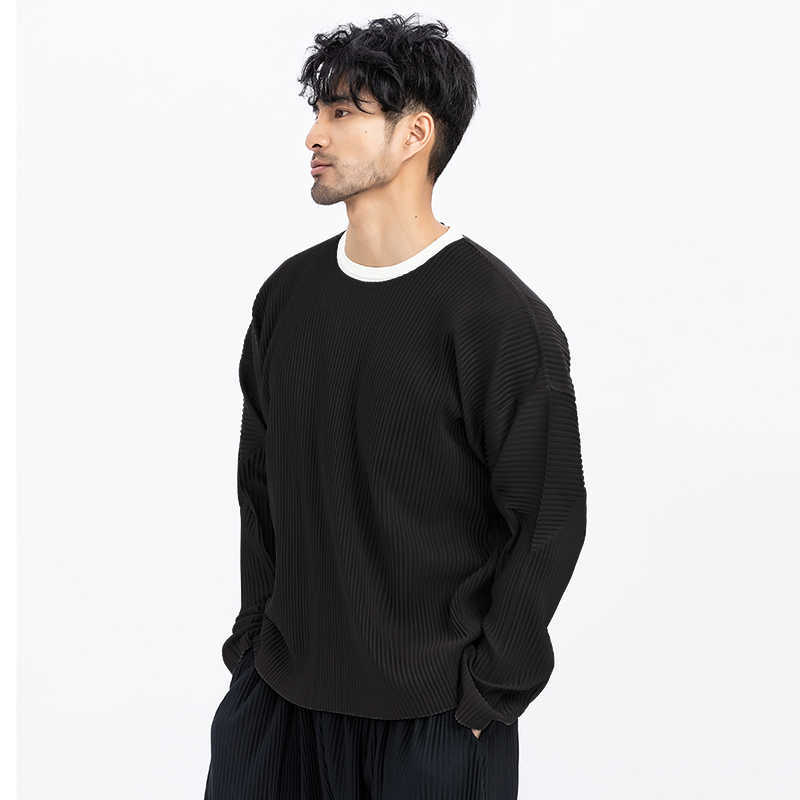 IEFB Men's Wear Japanese Stretch Fabric Pleated Loose Tops Round Collar Loose Long Sleeve T-shirt Male 9Y3057 210623