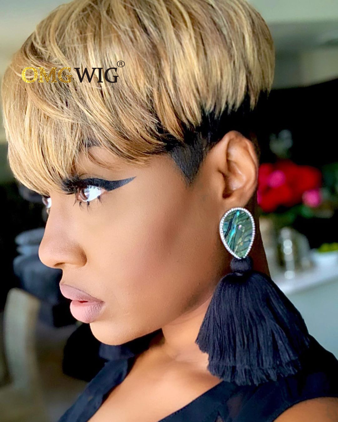 Short Straight Bob Pixie Cut Non Lace Front Brazilian Human Hair black /ombre blonde Wig With Bangs For Black Women