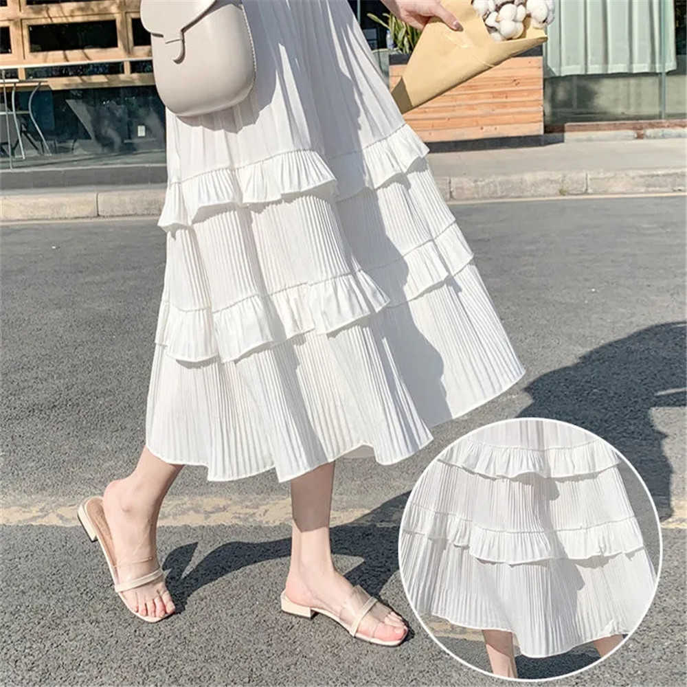 Women Pleated Skirt Black White Korean Style Long Summer Chiffon Layer Cake Sun Female Elegant 210619wtt
