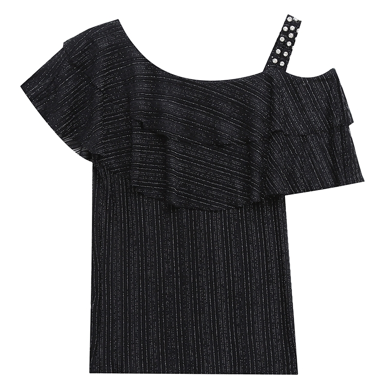 Summer European Clothes T-shirt Sexy Shiny Skew Collar Rivet Women Tops Ropa Mujer Fashion Short Sleeve Stretchy Tees New T06218 210302