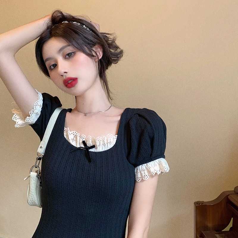 French Lace Stitching Jersey Dress Summer Platycodon Grandiflorum Fairy Dress Sexy Temperament Dress 210630