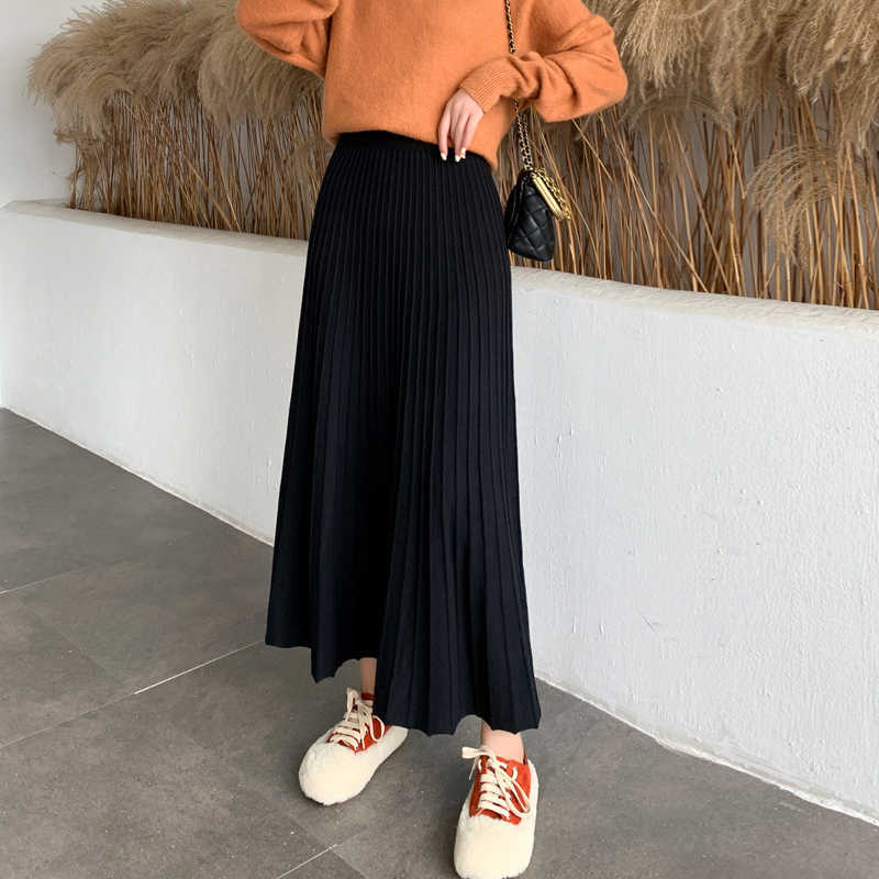 Winter Thickened Rib Knitted Large Swing Maxi Long Skirts Elegant Solid A-line Pleated Ankle Length Knit Coffree Beige 210621