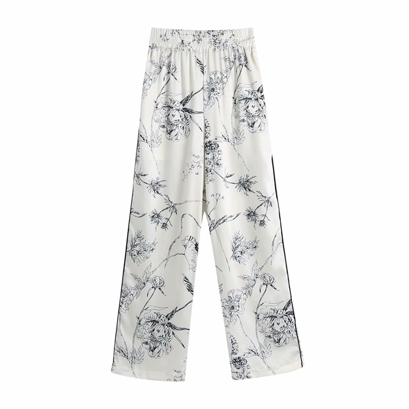 Causal Women Sketch Print Pants Fashion Ladies White Satin Straight Trousers Streetwear Female Chic Pocket 210527