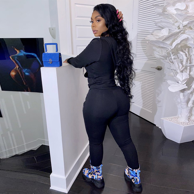 HAOYUAN Sexy Two Piece Set Jumpsuit Long Sleeve Hoodies Top+Zip Pocket Pants Suit Tracksuit Fall Women Clothing Matching Outfits 201007