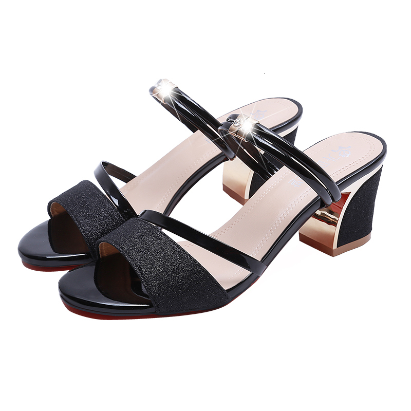 2021 New Fashion Bling Square High Heel Summer Slippers Women Sexy Open Toe Sandals for Woman Flip Flops Slides Min0, Black
