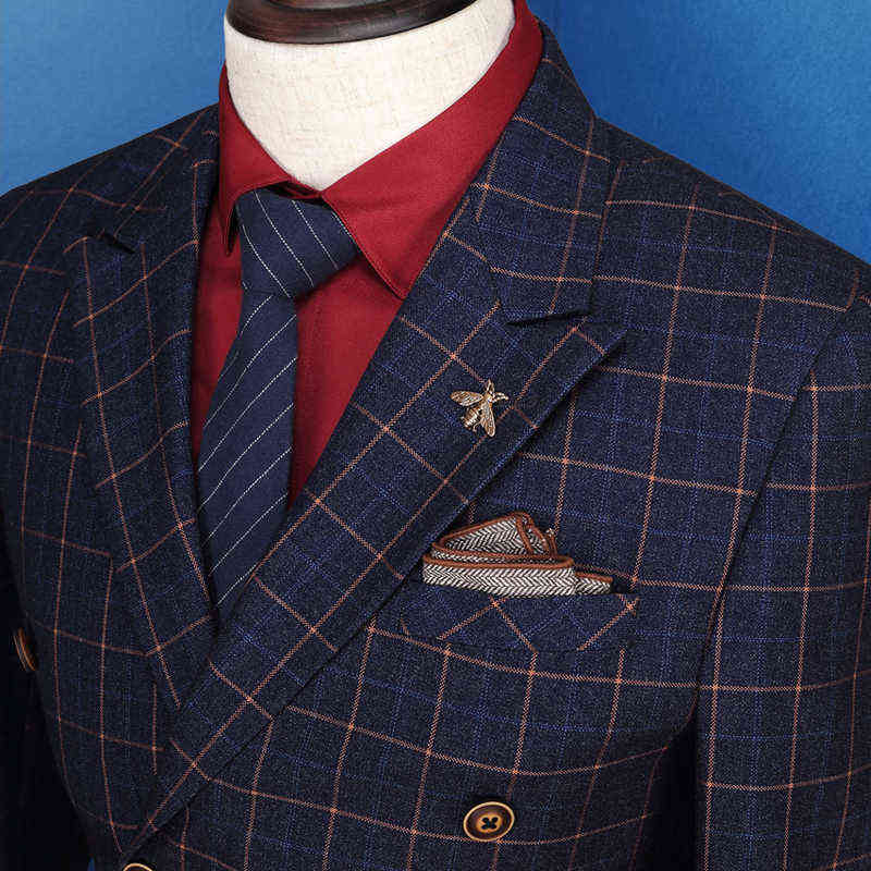 (Blazer + Vest) Wedding Suits For Men Year Gifts Winter Deep Blue Plaid Double Breasted Stage Clothes Men Formal Mens Suits 211120