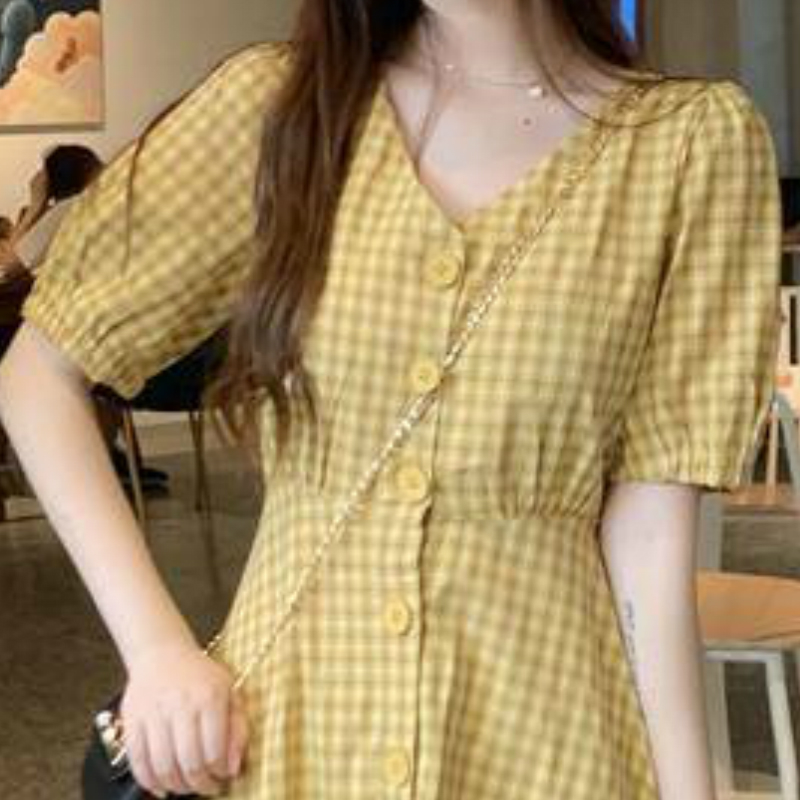 Women Plaid Dress V-neck Short Sleeve Loose Fashion Leisure Sweet Korean Style Backless Lace-up Chic Student Ulzzang All-match C0304