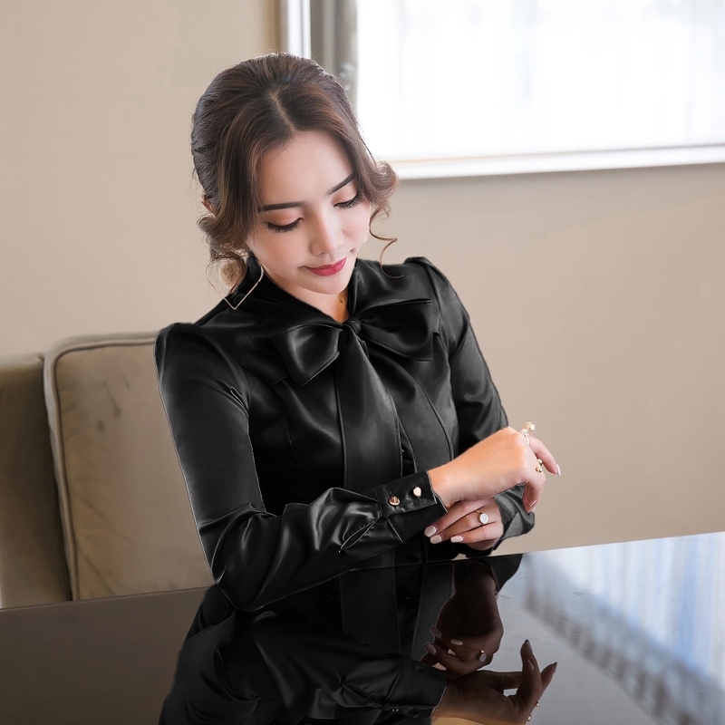 Spring Long Sleeve V Neck Bow Tie Satin Shirts Women Office Work Wear OL Satin Blouses Lady Bow Tie Chiffon Satin Tops 210225
