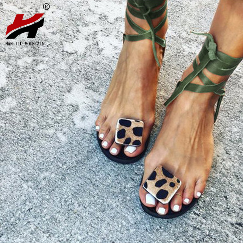 NAN JIU MOUNTAIN Summer Strap Sandals Women's Flats Open Toe Leopard Casual Shoes Rome Plus Size 35-43 210301