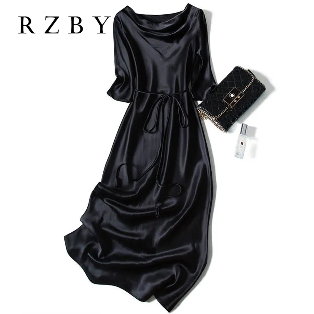 Sexy Silk Spaghetti Half sleeve Lace-up Summer Dress Women Satin Long Dress Elegant Party Dresses Plus Size RZBY098 210309