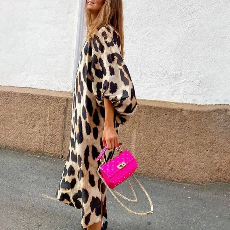 Loose Leopard Print Woman Midi Dress Three Quarter Lantern Sleeve V-neck Dresses Fashion Ladies Summer Antumn Female Clothes 210309