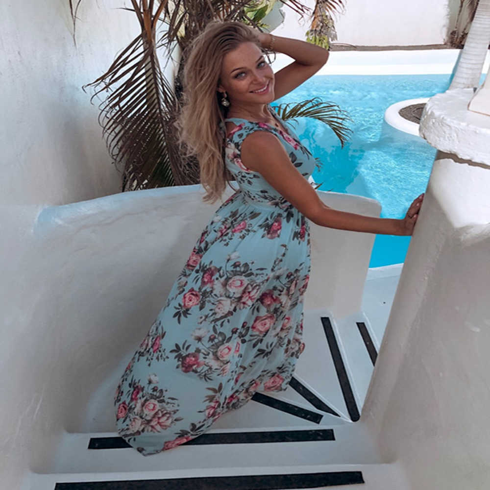 Chiffon Dress Pink Elegant Ladies Flroal Print Split Beach Holiday Long Maxi Dresses For Women Summer Clothes Arrival 210630