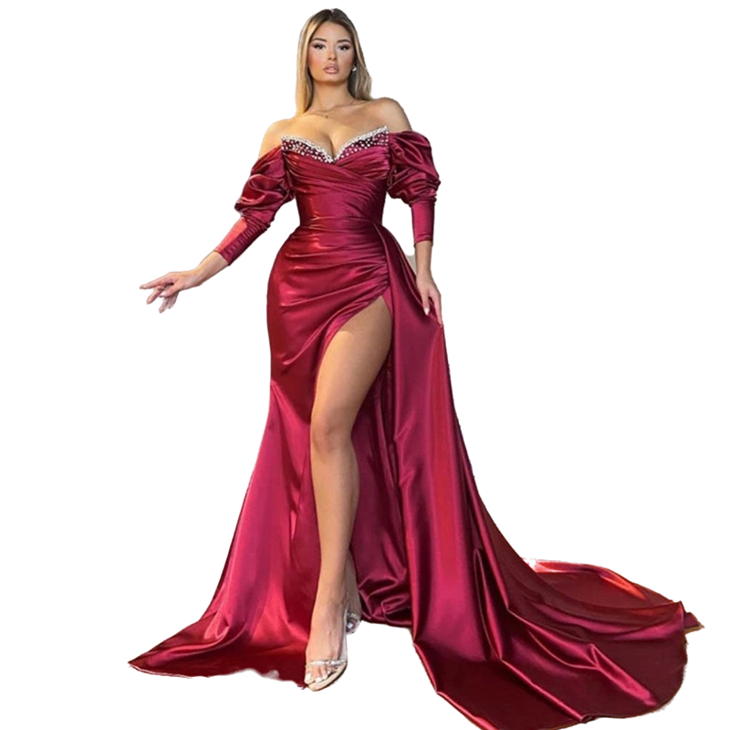 Sexy Burgundy Mermaid Satin Evening Dresses Side High Slit Long Off Shoulder 3/4 Puff Sleeves Pearls Sequin Beads Women Formal Party Dress Special Occ