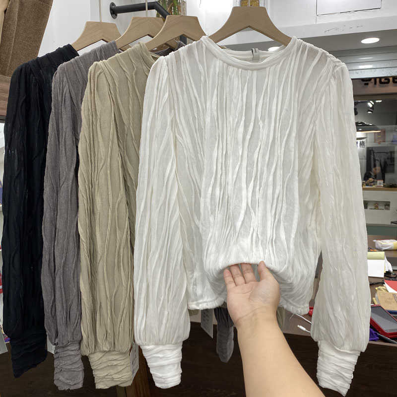 Round neck solid color pleated shirt women 2020 new loose hedging fashion temperament top X0628