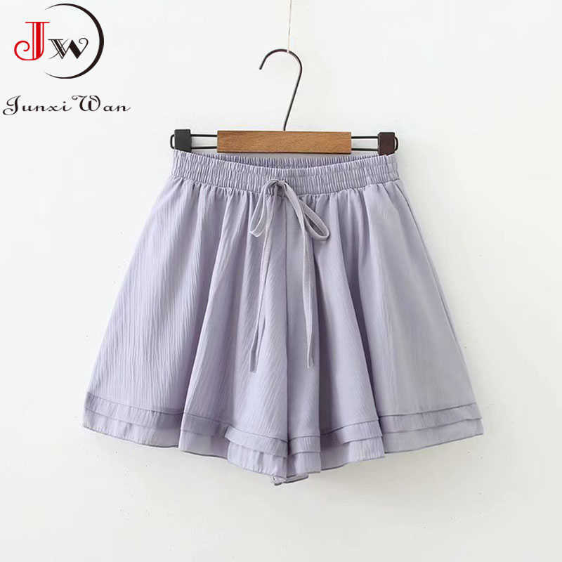 Women Summer Casual Chiffon Short Pants High Waist All-Match Cute Sweet Girls Ruffled Loose A-Line Wide Leg Shorts Korean 210714