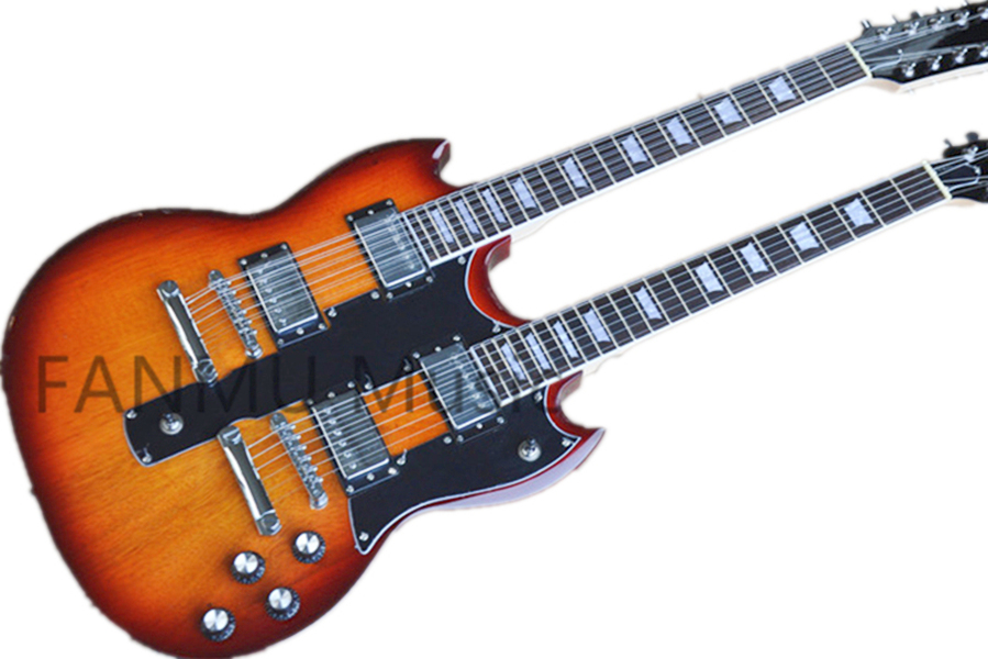 

free delivery double neck guitar,6 and 12 strings mahogany body 1275 sunburst guitar,mahogany neck rosewood body,chrome buttons