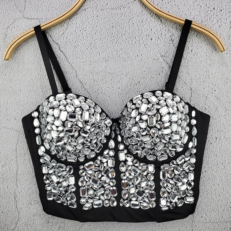 Women Sexy Rhinestone Crop Top Red Black Bustier Camis Rave Festival Night Club Party Corset Sleeveless Vest 210308