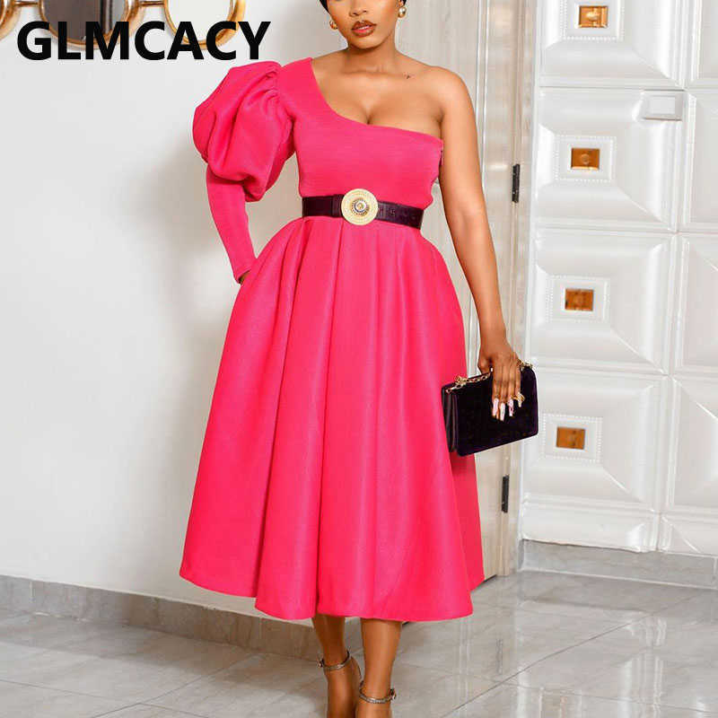 Women One Shoulder Sweet Party Dress Classy Evening Midi Dresses Gown 210702