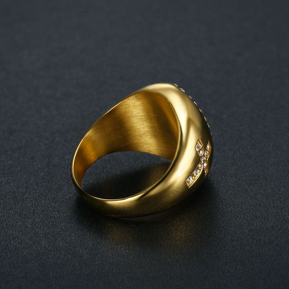 Stainless Steel Cross Casting Finger Ring Hip Hop White Zircon Religious Jewelry Bling 18K Gold Plated