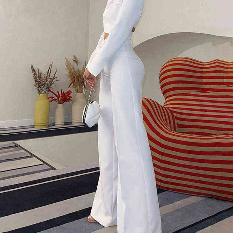 Wefads Women's Two Piece Sets Long Sleeve Solid Color Tie Suit Autum Sexy Streetwear Turn-down Collar Top Wide Leg Pant 211116