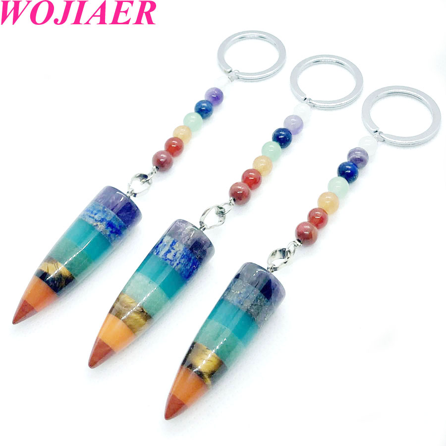 WOJIAER Assorted Natural Stone Keychain Ring Key Chain Pendulum Crystal Car Bag Accessories 7 Chakra Healing Reiki Beads BW912