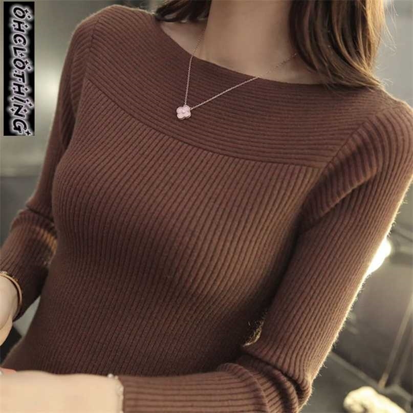 Autumn And Winter Korean women collar sweater all-match long sleeved shirt slim one-neck female thread tight Pullover 211011Z