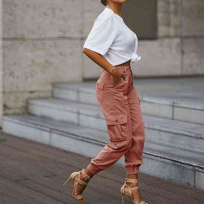 Yskkt Cargo Pants Women High Waist Spring Autumn Pocket Slim Sweatpants Fashion Streetwear Long Overalls Pant Elastics Trousers 211115