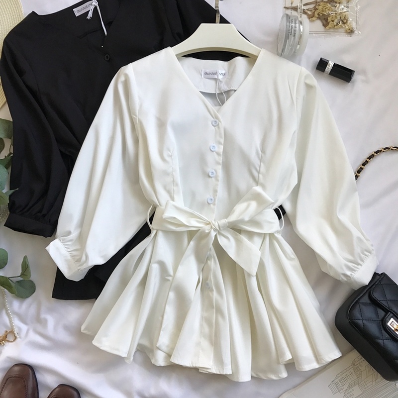 Neploe Sashes V-Neck Pleated Women Shirt Spring Autumn Fashion Simple Sweet Top Modis Solid Single Breasted Blouse 69659 210225