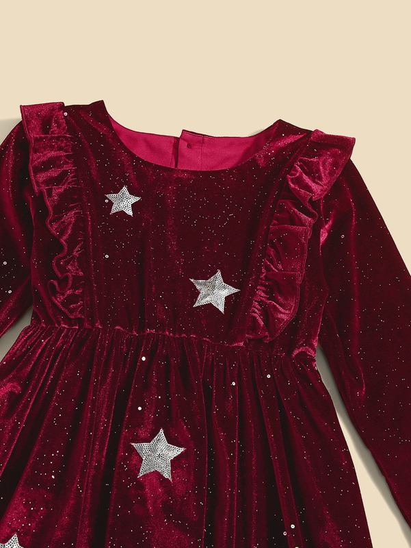 Girls 1pc Sequin Insert Star Pattern Ruffle Trim Velvet Dress SHE