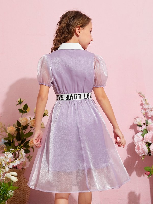 Girls Letter Tape Waist Puff Sleeve Mesh Dress SHE