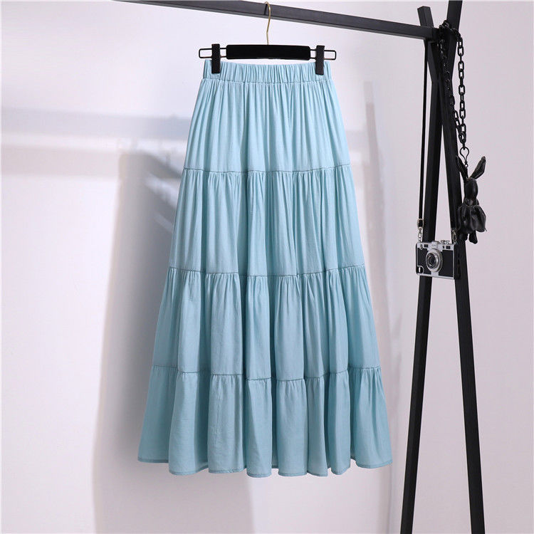 Summer Cotton Skirt Women High Waisted Long Skirt Femme Casual Solid A-line Skirts Women Jupe Femme Green Skirts 210309