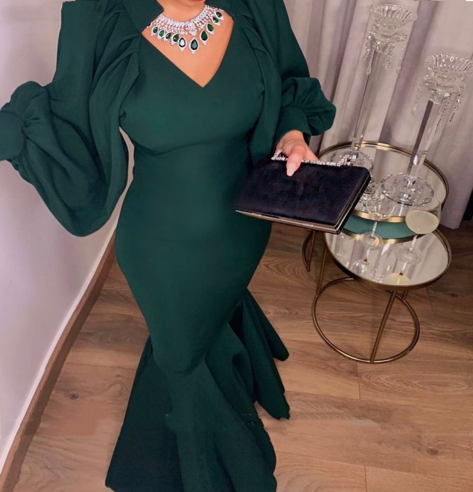 Elegant Dark Green Mermaid Evening Dresses Satin Puffy Long Sleeves V-Neck Formal Prom Gowns Robe De Soirée 2022 Floor Length Special Occasion Dress W