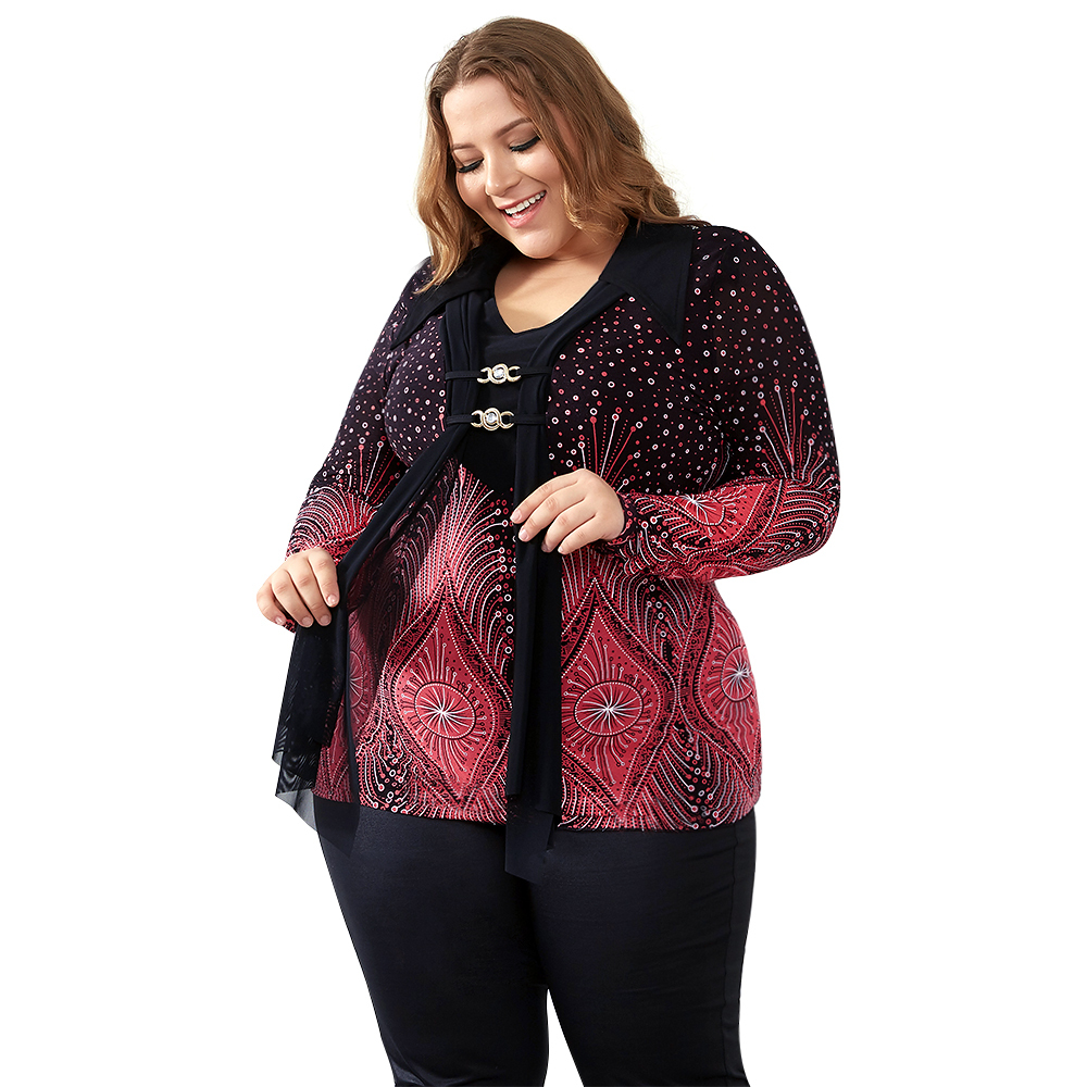 YTL Turn Down Collar Ladies Plus Size Shirt Flare Sleeve Print Blouses Women Big Sizes Winter Diamonds Brooch Vintage Tops H033 210225