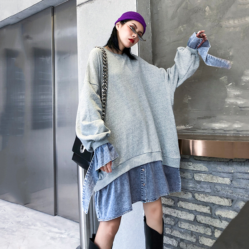 [EAM] Loose Fit Black Denim Irregular Long Sweatshirt New Round Neck Long Sleeve Women Big Size Fashion Tide Spring 1Y706 201030