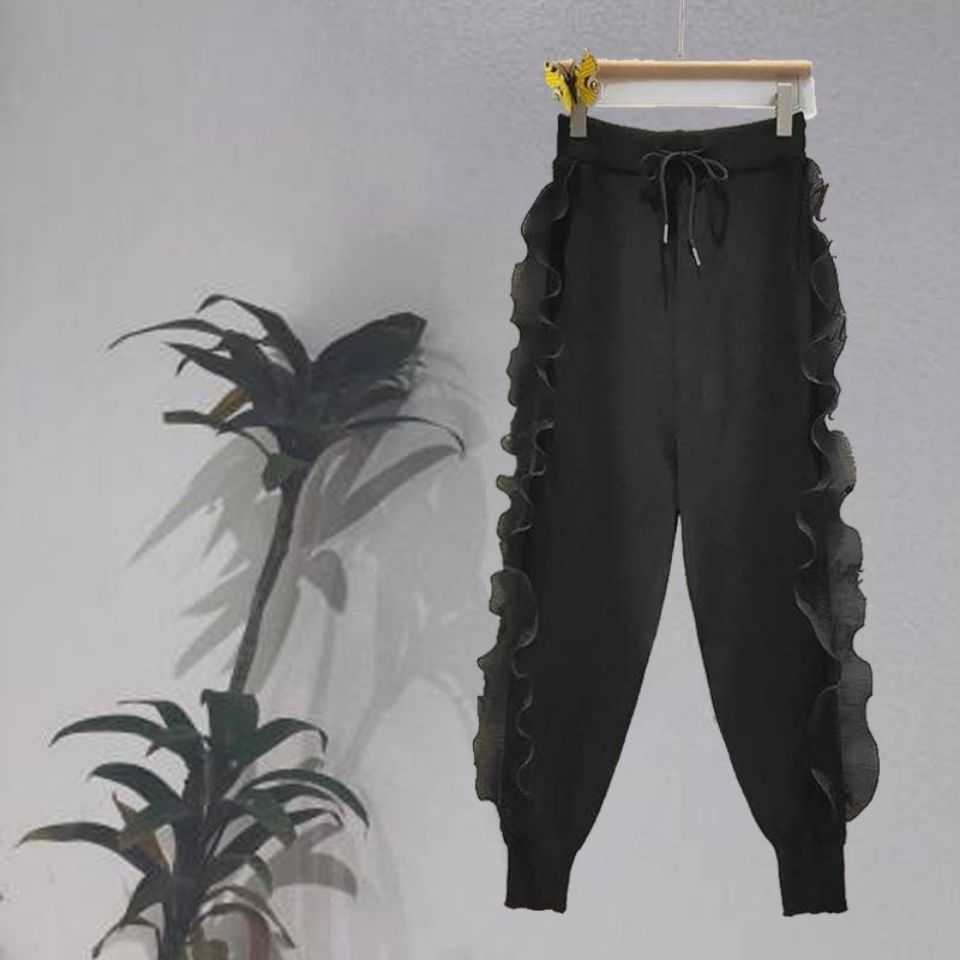 Nomikuma Autumn Winter Knitted Harem Pants Korean Ruffle Patch Long Trousers Causal Lace Up High Waist Sweater 6D433 211115