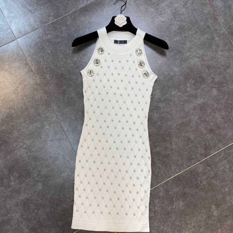 DEAT Summer Arrivals Sleeveless Double Breasted Diamonds Buttons High Waist Slim Shhort Mini Knitted Dress HR447 210709