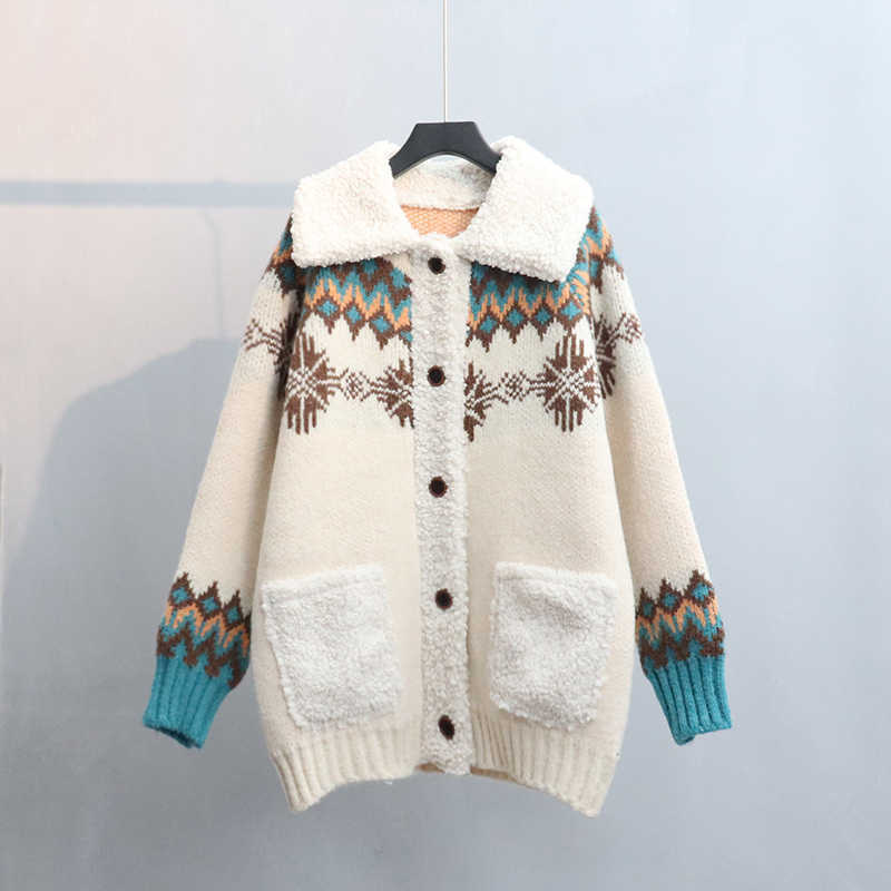 H.SA Women Fleeced Sweater and Cardigans Long Style Vintage Christmas Casual Tops Big Pocket Warm Geometric Knit Jacket 210716