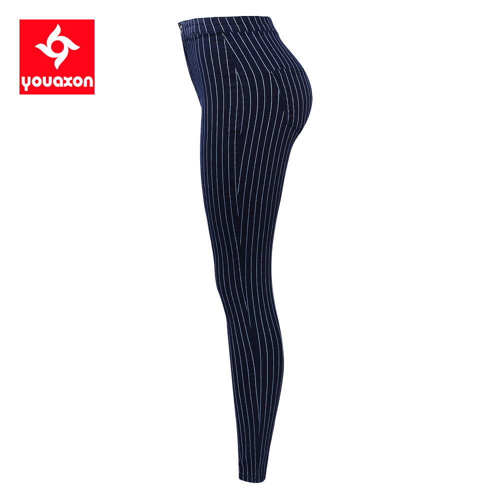 2209 Youaxon EU Size White Stripes High Waist Blue Jeans Woman New Spring Summer Pencil Pants Trousers For Women`s Jeans 210222