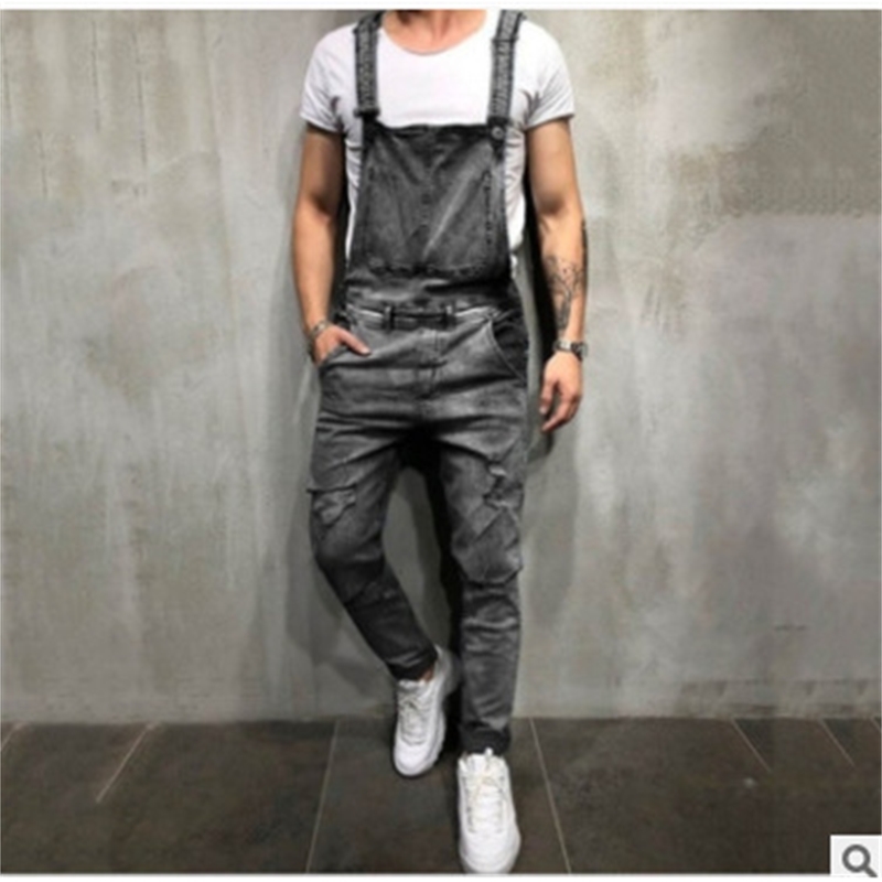 Street men's hollow onepiece strap jeans with elastic feet T200614